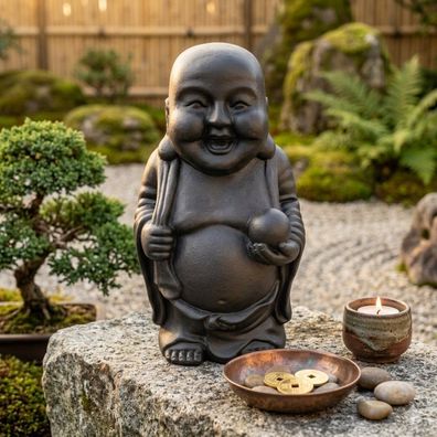 Dekorative Figur LUCKY BUDDHA 70cm antik-schwarz Gartenfigur Outdoor Indoor