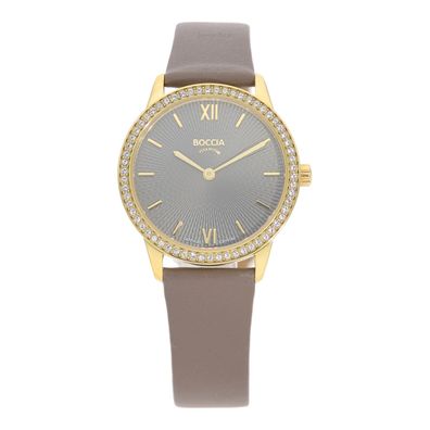 Boccia Uhr Damen 3382-03 Titan, Leder, Gold plattiert, Braun, Schmucksteine