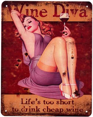 Blechschild Wine Diva Frau trinkt Wein Deko Schild Aufschrift Dekoration 20 x 25