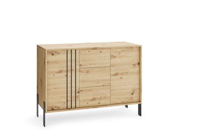 Kommode Natan mit Metallfüßen 120/87/40 cm, Sideboard, 3 Schubladen, Holzoptik