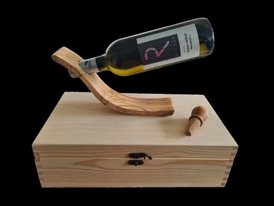 Grüner Veltliner Wein + Olivenholzständer Flaschenhalter + Korken + Holzbox