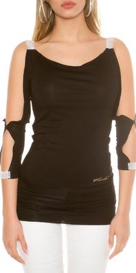 Sexy Damen Longsleeve Shirt Arm offen Strass Top schwarz S 34 M 36 L 38 XL 40