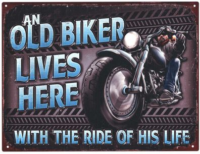 Deko Blechschild Old Biker lives Here Mtorrad 25x33 Vintage Design Metall Schild