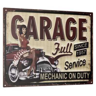 Vintage Blechschild Garage Full Service Since 1957 - Retro Metallschild mit Pin-up Mo
