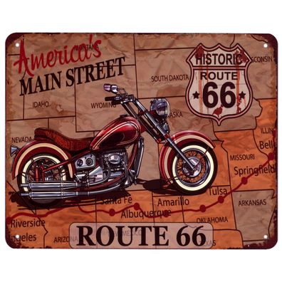 Blechschild ROUTE 66 Americas Main Street Deko Schild mit Aufschrift 20 x 25