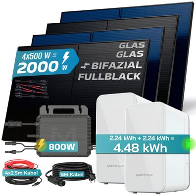 SUNNIVA® 2000W Balkonkraftwerk mit 4.48 kWh Speicher Marstek 2x B2500-D Bifazial