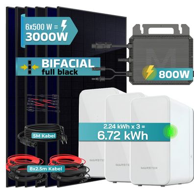 SUNNIVA® 3000W Balkonkraftwerk mit 6,72 kWh Speicher Marstek 3x B2500-D Bifazial