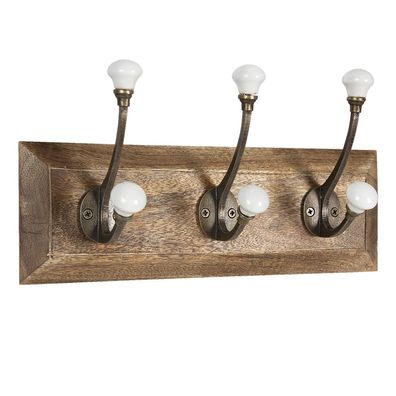 Clayre & Eef Wandgarderobe 3 Haken 30x8x10 cm Braun Weiß Holz (Gr. 30x8x10 cm)