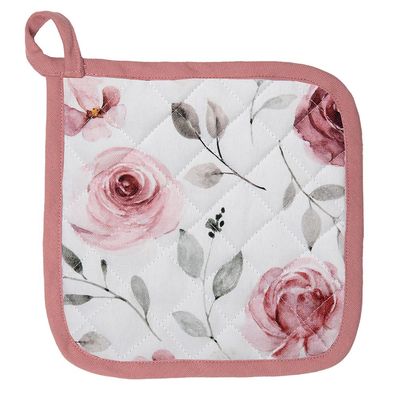 Clayre & Eef Topflappen 20x20 cm Weiß Rosa Baumwolle Rosen (Gr. 20x20 cm)