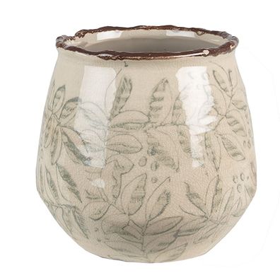Clayre & Eef Blumentopf Ø 14x13 cm Grün Beige Keramik Blätter (Gr. Ø 14x13 cm)