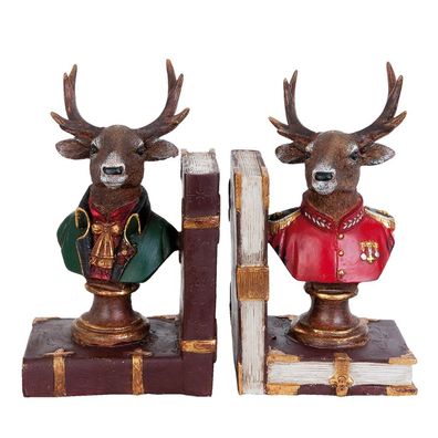 Clayre & Eef Buchstützen 2er-Set 14x13x18 cm Braun Rot Polyresin Hirsch