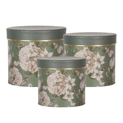 Clayre & Eef Hutschachtel 3er Set Ø 20x17 / Ø 17x15 / Ø 14x13 cm Grün Karton Blumen