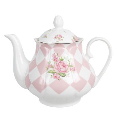 Clayre & Eef Teekanne 1000 ml Rosa Weiß Porzellan Rosen (Gr. 20x14x17 cm / 1000 ml)