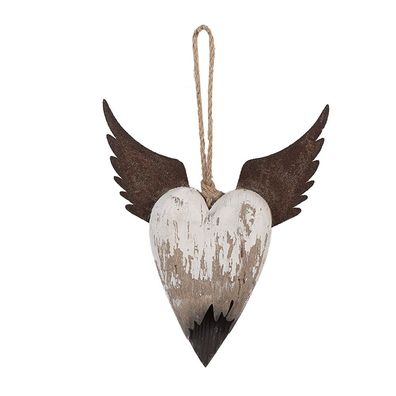 Clayre & Eef Deko-Anhänger Herz 18x3x22 cm Weiß Braun Holz (Gr. 18x3x22 cm)