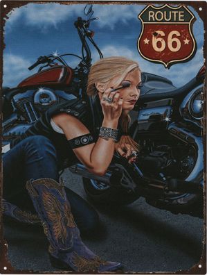 Moritz Blechschild Blonde Bikerin Route 66 25 x 33 cm Retro Vintage Wand