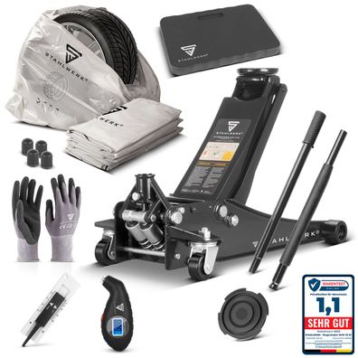 Stahlwerk Wagenheber 3T Höhe 73-500 mm Set Reifendruckprüfer Handschuhe Kniekissen