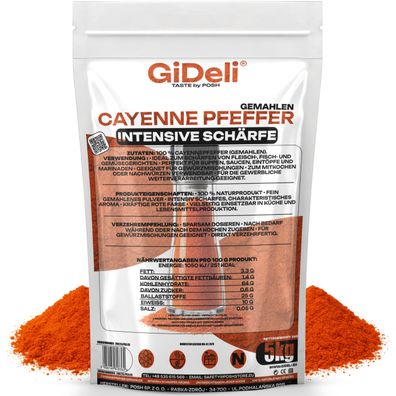 Cayennepfeffer 5kg Gemahlen Chilipulver Scharf Pikant Fleisch Fisch Pur GiDeli