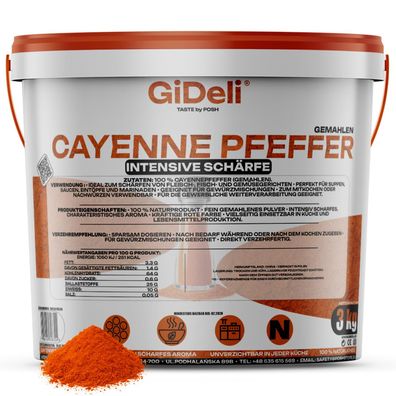 Cayennepfeffer 3kg Gemahlen Chilipulver Scharf Pikant Fleisch Fisch Pur GiDeli