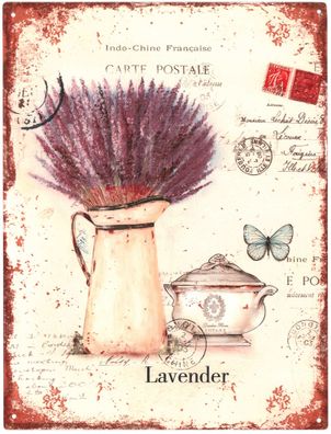 Deko Blechschild Lavendel Kanne Blumen 25x33 Vintage Design Metall Schild