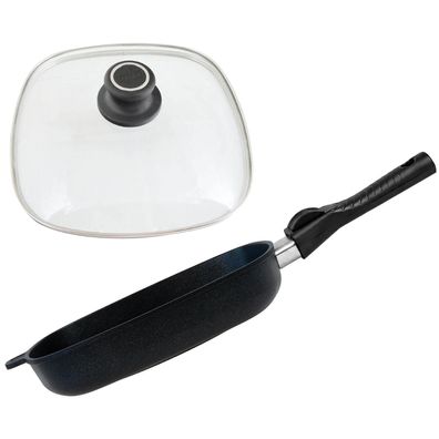 BAF Aluguss Grillpfanne 28x28 cm Antihaft Induktion Griff abnehmbar & Glasdeckel