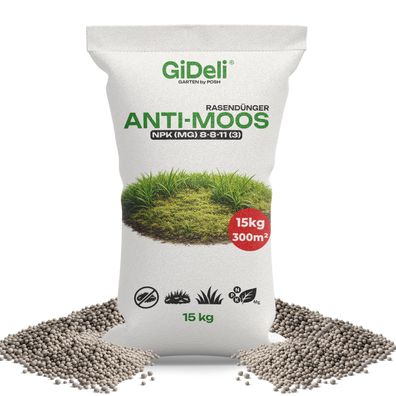 Anti-Moos Rasendünger 15kg NPK 8-8-11 Frühjahr Eisen Magnesium Garten GiDeli