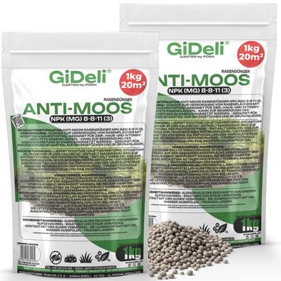 Anti-Moos Rasendünger 2kg NPK 8-8-11 Frühjahr Eisen Magnesium Garten GiDeli