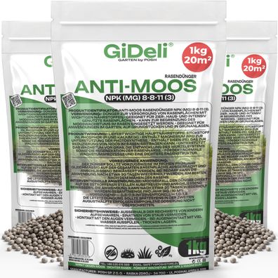 Anti-Moos Rasendünger 3kg NPK 8-8-11 Frühjahr Eisen Magnesium Garten GiDeli