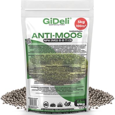 Anti-Moos Rasendünger 5kg NPK 8-8-11 Frühjahr Eisen Magnesium Garten GiDeli