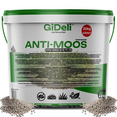 Anti-Moos Rasendünger 20kg NPK 8-8-11 Frühjahr Eisen Magnesium Garten GiDeli