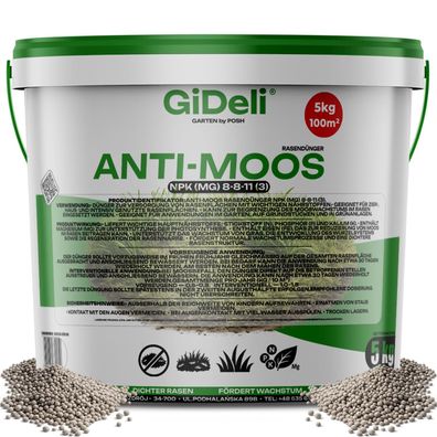 Anti-Moos Rasendünger 5kg NPK 8-8-11 Frühjahr Eisen Magnesium Garten GiDeli