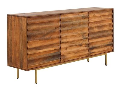 Sideboard 3 Türen aus massivem Mangoholz und goldfarbenen Metallbeinen