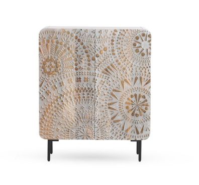 Hohe Sideboard mit 2 Türen in weiß patiniertem, massivem Mangoholz