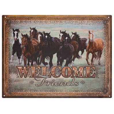 Moritz Blechschild 33 x 25 cm Welcome Friends Pferde Rudel Retro Vintage Tin sign Wa
