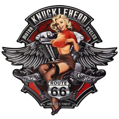 Moritz Blechschild 40 x 38 cm Motorrad Route 66 US Klassik Frau Rockabilly Retro