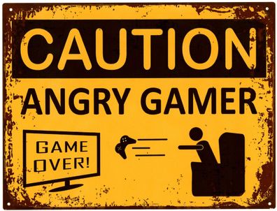 Moritz Deko Blechschild Caution Angry Gamer 25x33 cm Vintage Design Deko Metall Schil