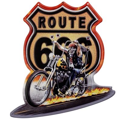 Moritz Blechschild 40 x 45 cm Route 666 Hell Rider Motorrad Flammen Retro Vintage Tin