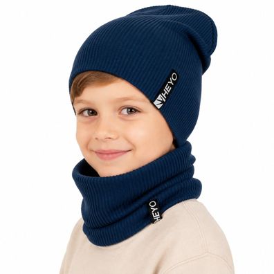 Kinder Beanie Mütze und Schlauchschal Set weich aus Baumwolle gerippt Übergangsmütze