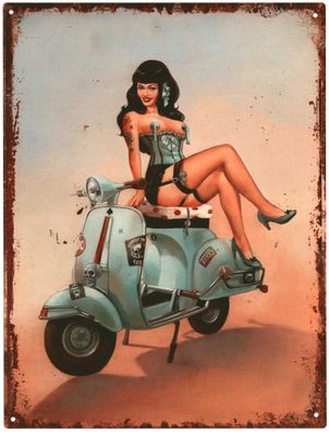 Moritz Deko Blechschild Frau mit Roller Sexy Frau 25x33 Vintage Design Metall Schild