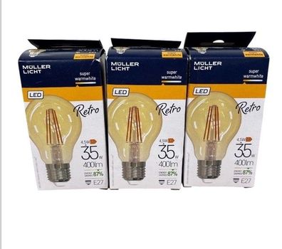 3x Müller-Licht Retro LED Filament Lampe E27 4,5W 400lm super warmweiß