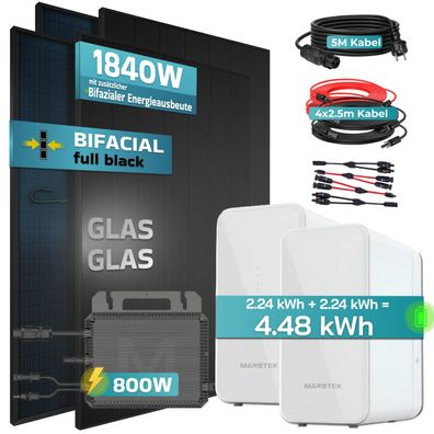 SUNNIVA® 1840W Balkonkraftwerk mit 4.48 kWh Speicher Marstek 2x B2500-D Bifazial