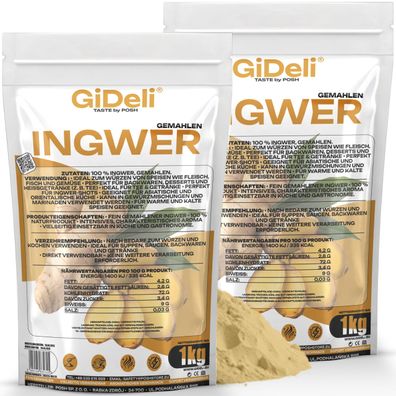 Ingwerpulver 2kg Gemahlen Ingwer Naturrein Tee Shots Smoothies Vegan GiDeli