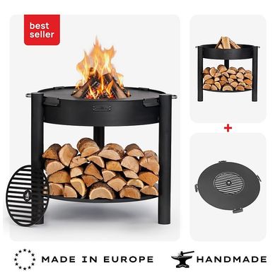 SET: Hohe Feuerschale Montana 80 cm mit Grillplatte 78 cm (4 Griffe) und Grillrost