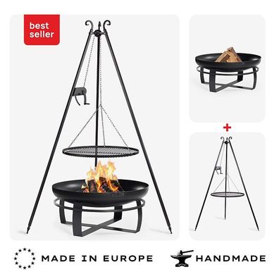 SET: Feuerschale VIKING 80 cm mit Schwenkgrill Dreibein 180 cm mit Kurbel und
