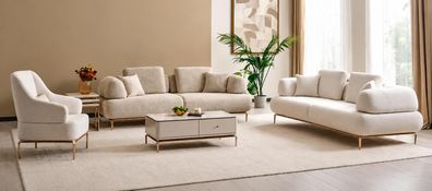 Beige Sofaset mit 2 Sofas und 1 Sessel, Elegante Goldene Metallbeine