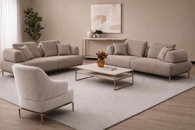 Beige Sofaset mit 2 Sofas und 1 Sessel, Elegante Goldene Metallbeine