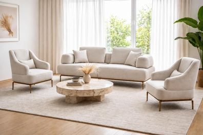 Eleganter Sofaset mit 2 Sesseln in Beige und Goldenen Metallbeinen