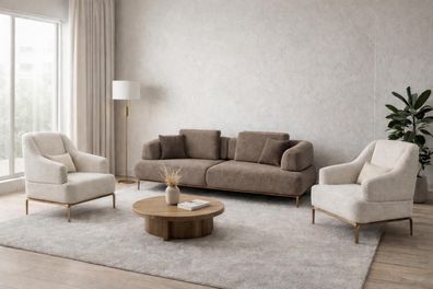 Sofaset mit 2 Sesseln in Beige und Braun, mit Goldenen Metallbeinen