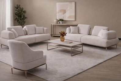 Beige Sofaset mit 2 Sofas und 1 Sessel, Elegante Goldene Metallbeine