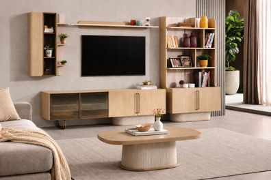 Elegantes Wohnzimmer-Set mit TV-Lowboard, Couchtisch und Wandregalen