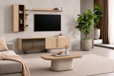 TV-Lowboard Wohnset Eiche mit 2 Wandregalen und Couchtisch Set